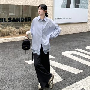 浅蓝色蕾丝花边衬衫套装女2025年春秋季新款显瘦休闲阔腿裤两件套图片