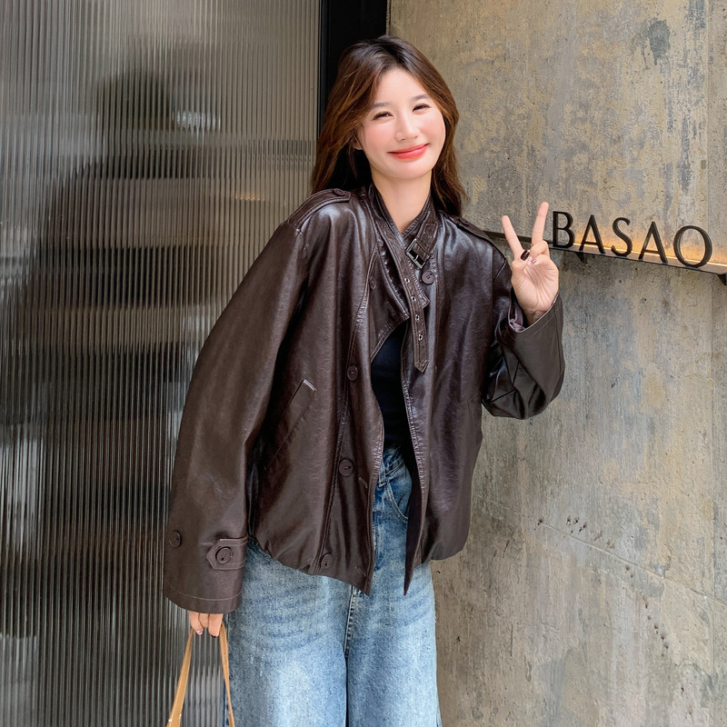 网红炸街酷飒风棕色皮衣外套女小个子早秋2025新款机车风超火夹克,女装皮衣,浙宝131