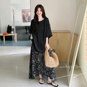 数据好！ 现货！黑色丝滑上衣+碎花半身裙两件套131-7301P145K218图片