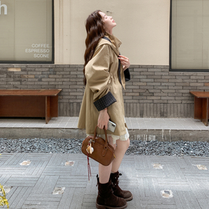 卡其色学院风连帽风衣外套女中长款2025秋新款法式宽松减龄大衣图片