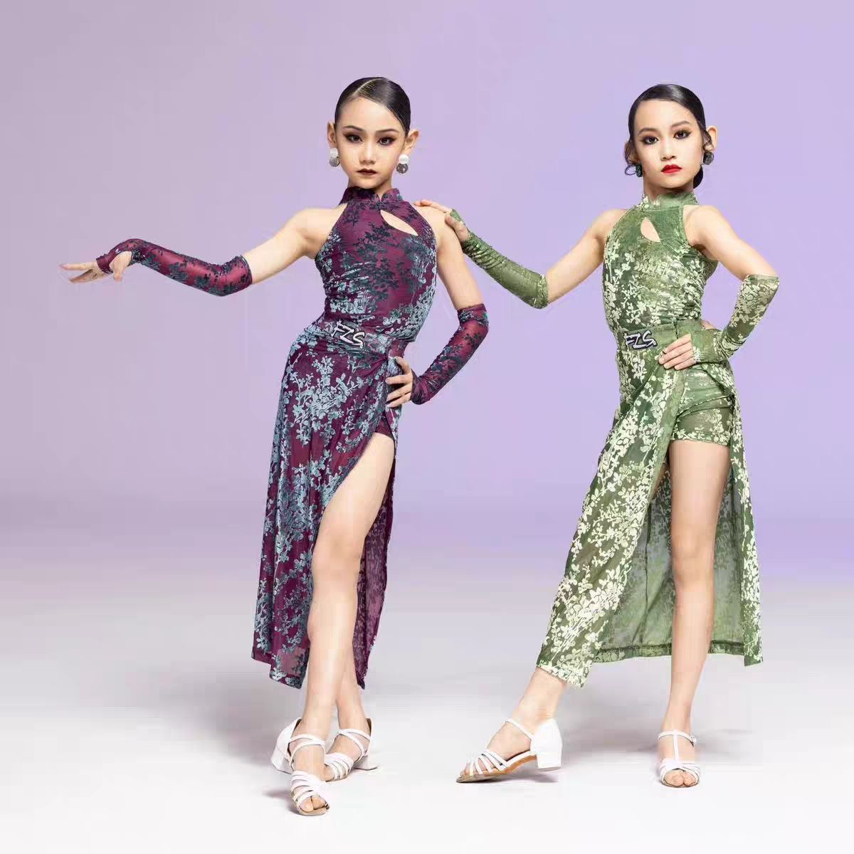 FZS舞服少儿拉丁舞夏季悠悠同款连体花色丝绒旗袍双色女童表演服