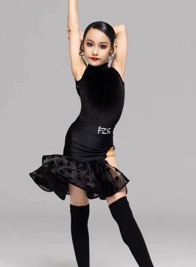 FZS DANCE同款少儿拉丁舞夏季黑色高领分体无袖波点鱼骨练功服