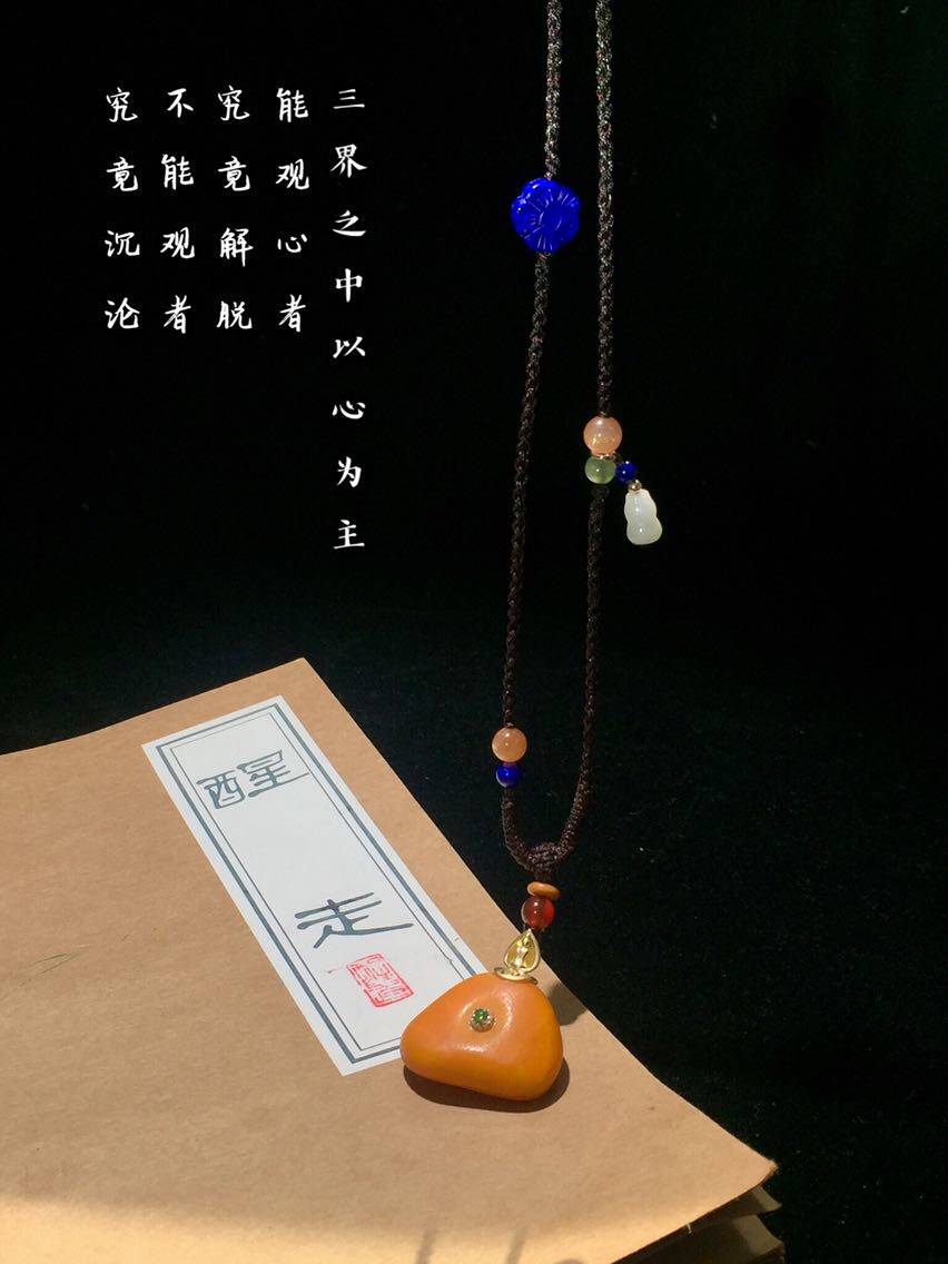 醒走原创 传世天然古董老蜜蜡饼子阳绿翡翠18K金钻编织毛衣链项链