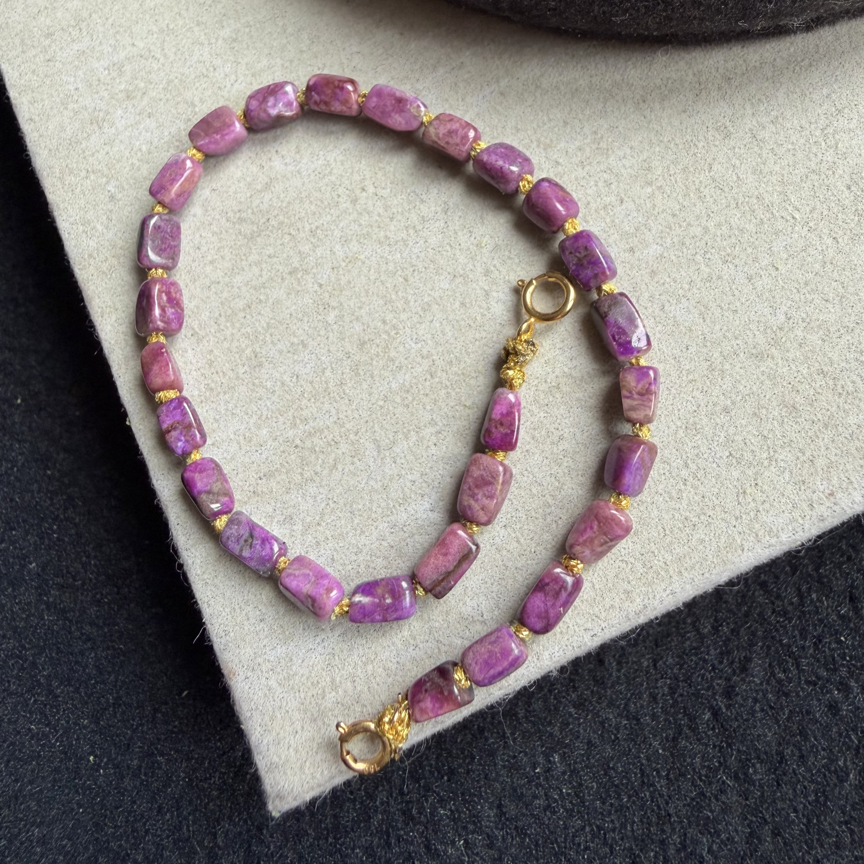 醒走 天然舒俱来老料桃红樱花红随型珠小米珠极细18K金手链万能链