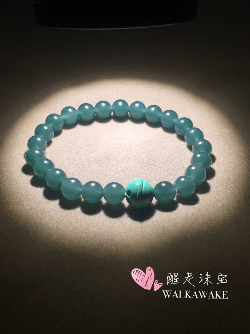醒走 精品天然老蓝水翡翠A货手链高瓷原矿绿松石铃铛蓝色翡翠手串
