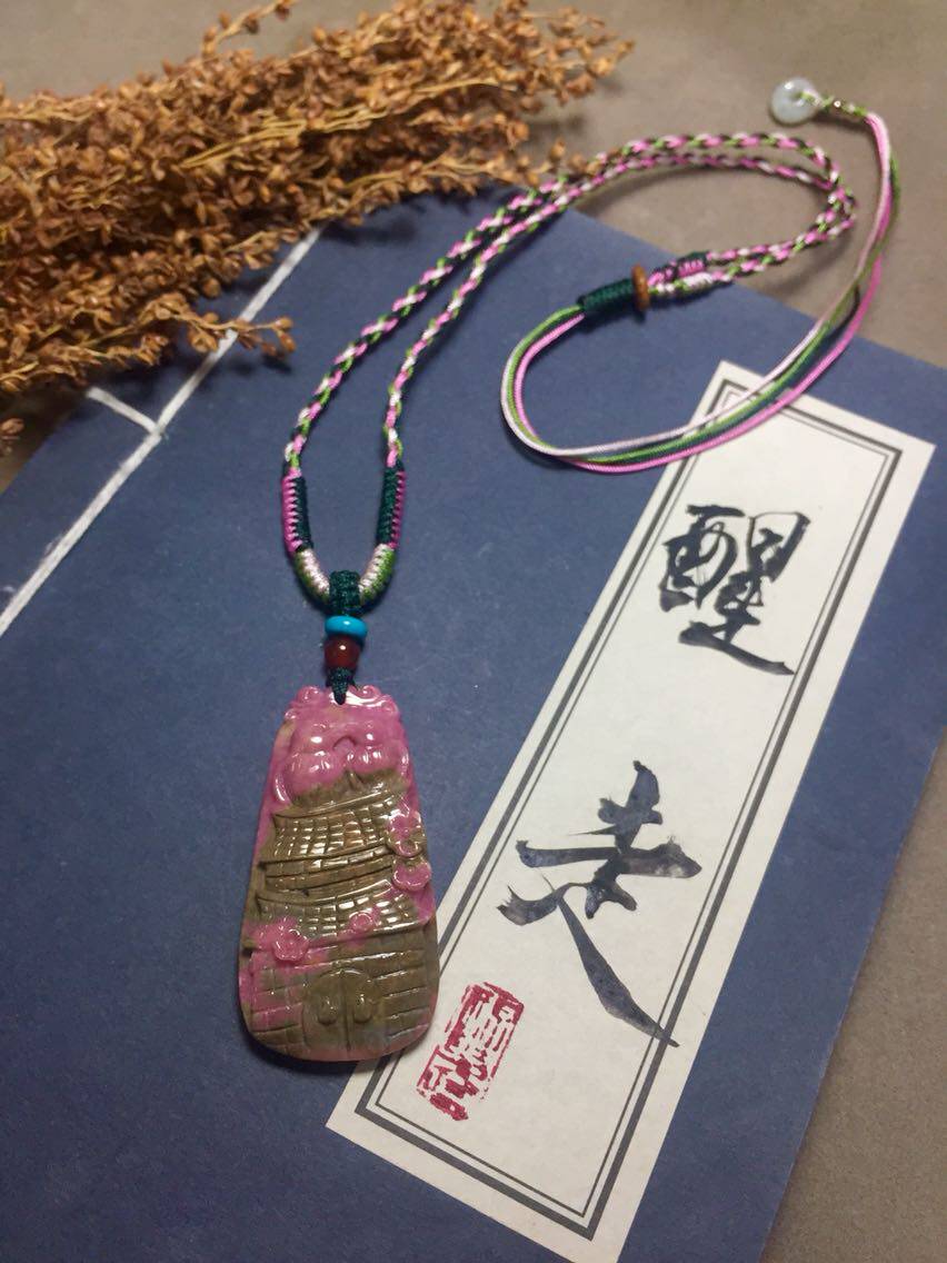 醒走原创 俄料俏色巧雕蔷薇石雕刻花鸟牌吊坠蔷薇辉雕件毛衣项链