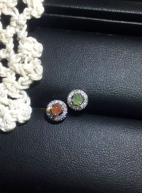 醒走 天然舒俱来稀有色橘色橙色翡翠绿色果冻原石925银钻圆形耳钉