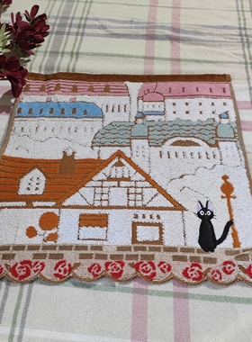 日系动漫黑猫刺绣手帕少女心格子小毛巾便携擦手巾不掉毛34x34cm