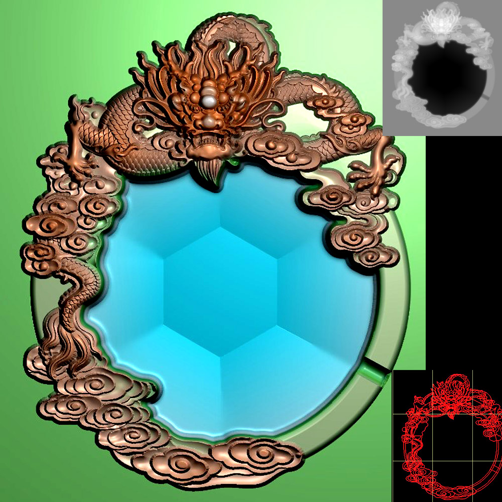 木雕石雕单龙烟灰缸精雕图灰度图bmp浮雕图181