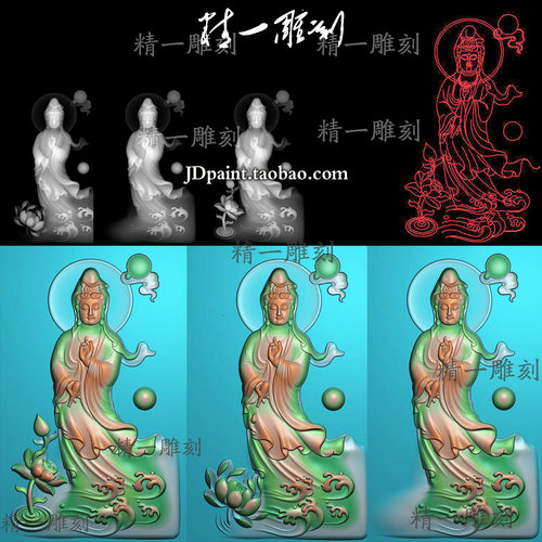 jdp格式精雕图A-1613飘逸海浪荷花拿花瓶站观音bmp灰度图