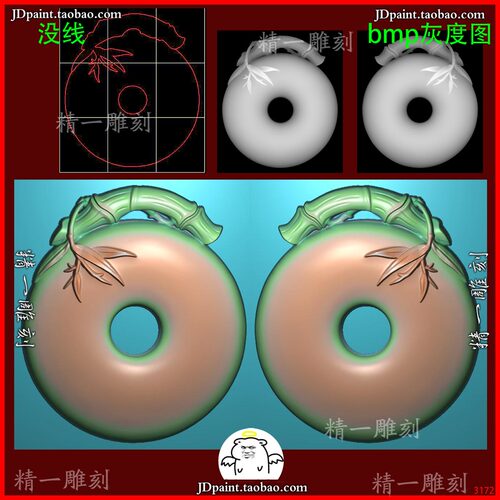 jdp格式A-3172 竹子 牌头 平安扣 精雕图木玉雕浮雕灰度图