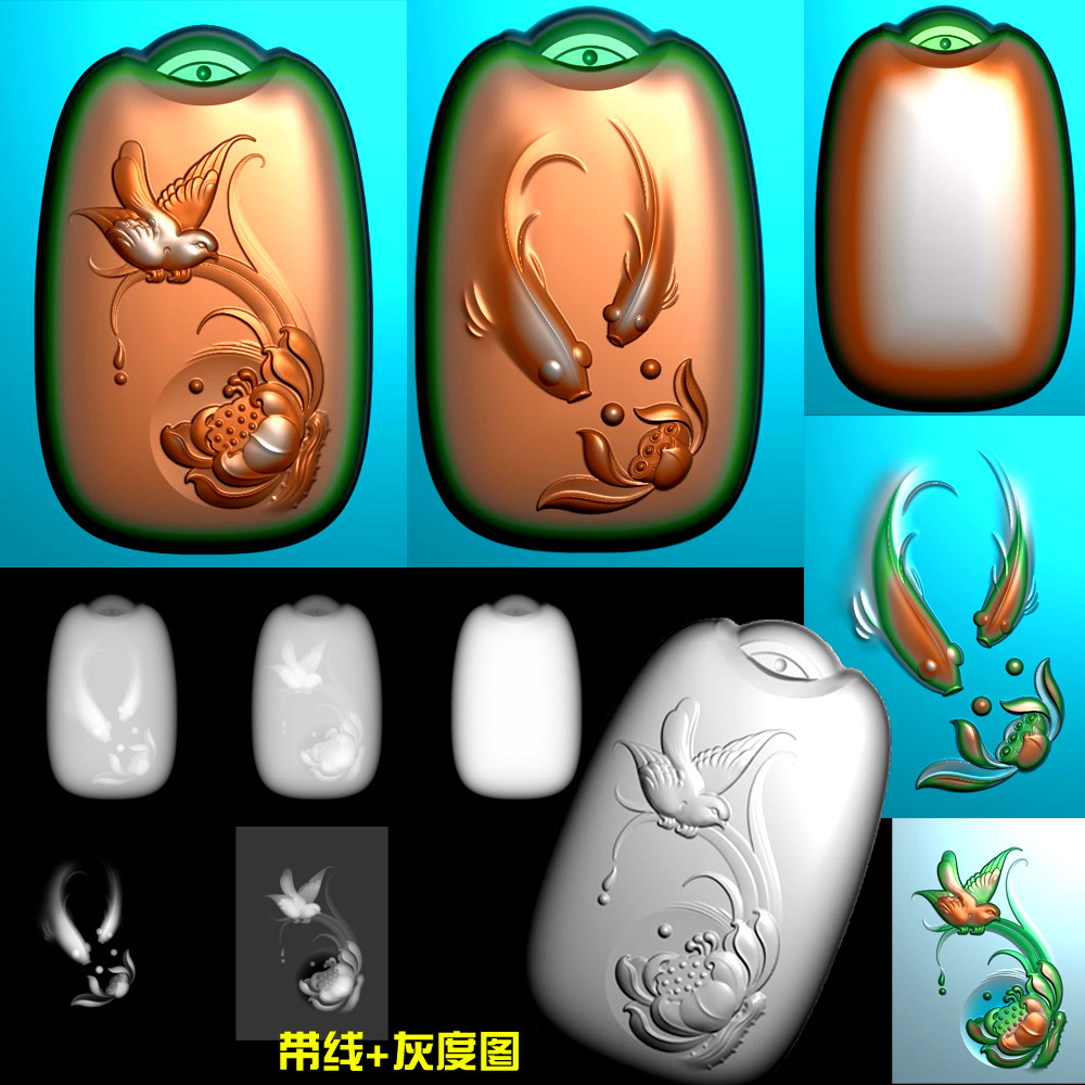 156荷花鱼花鸟平安牌子挂件玉雕图精雕图jdp灰度图bmp浮雕电脑雕