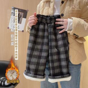 女童亲子冬季加绒加厚阔腿裤2025新款中大童秋冬宽松方格直筒裤子