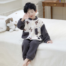 新款儿童睡衣秋冬季珊瑚绒加绒男宝连体卡通腊肠狗家居服套装2025