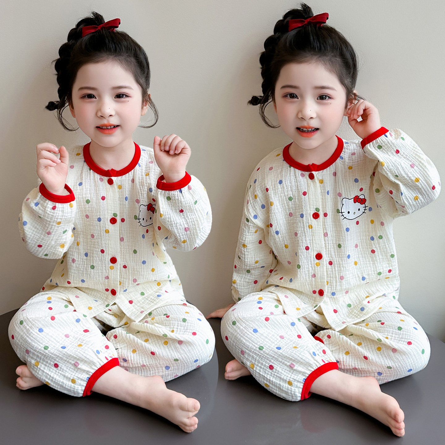 女童可爱风纱布波点睡衣套装春秋长袖开衫家居服空调服