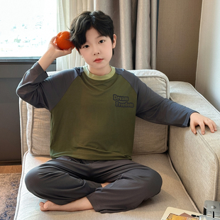 男童莫代尔家居服套装春秋长袖分体式拼接青少年保暖睡衣