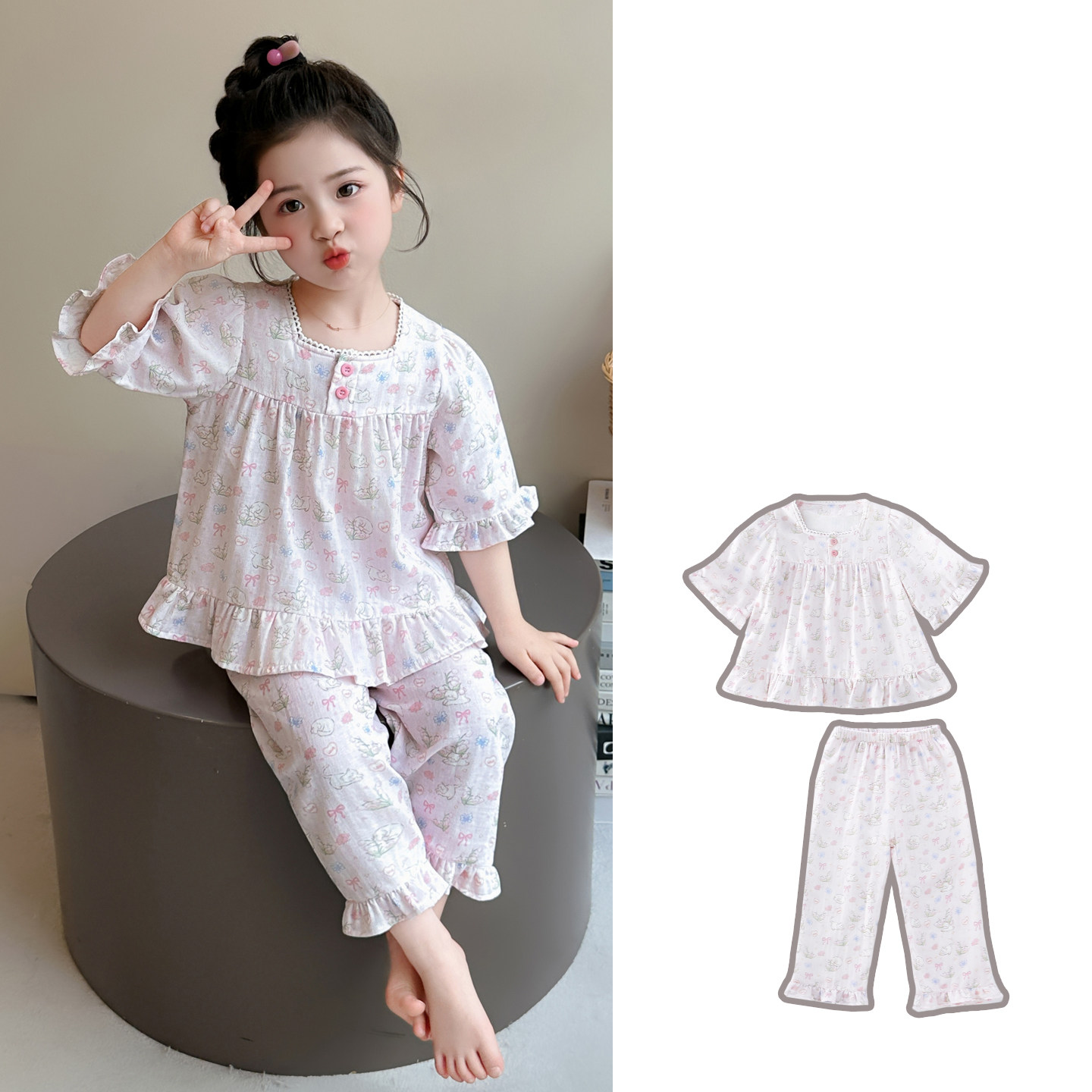 女童睡衣夏季薄款纯棉短袖碎花荷叶边家居服套装A类