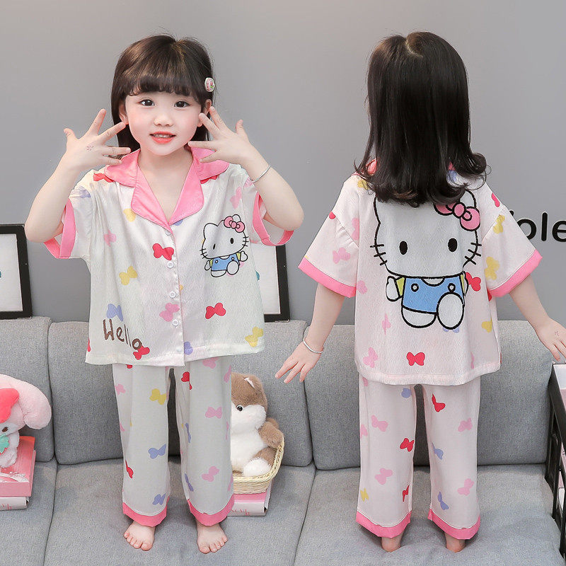 女童睡衣夏季冰丝薄款小女孩宝宝开衫可爱短袖儿童空调家居服套装