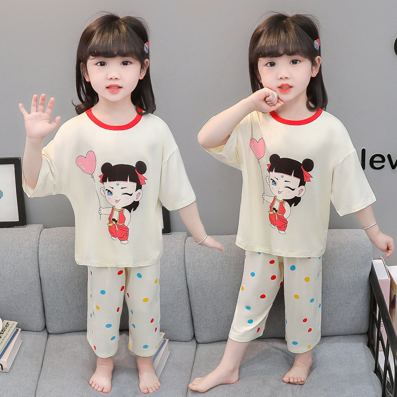 女童卡通睡衣套装夏季薄款七分袖家居服莫代尔宝宝空调服