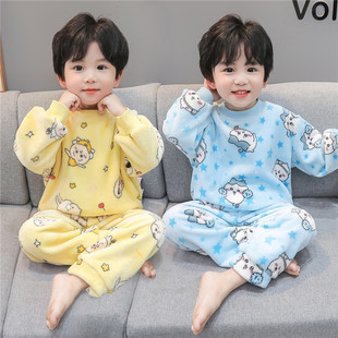 儿童法兰绒睡衣男童春秋薄款家居服冬季加厚珊瑚绒小男孩宝宝套装
