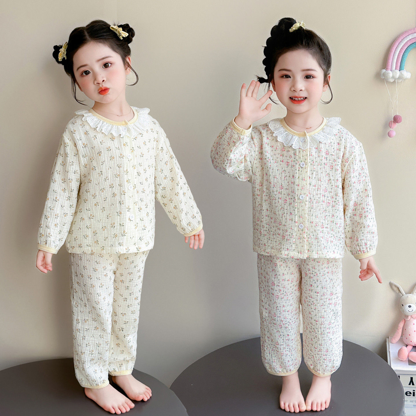 儿童睡衣春秋纯棉长袖宝宝春款棉纱女童家居服小孩空调服套装薄款