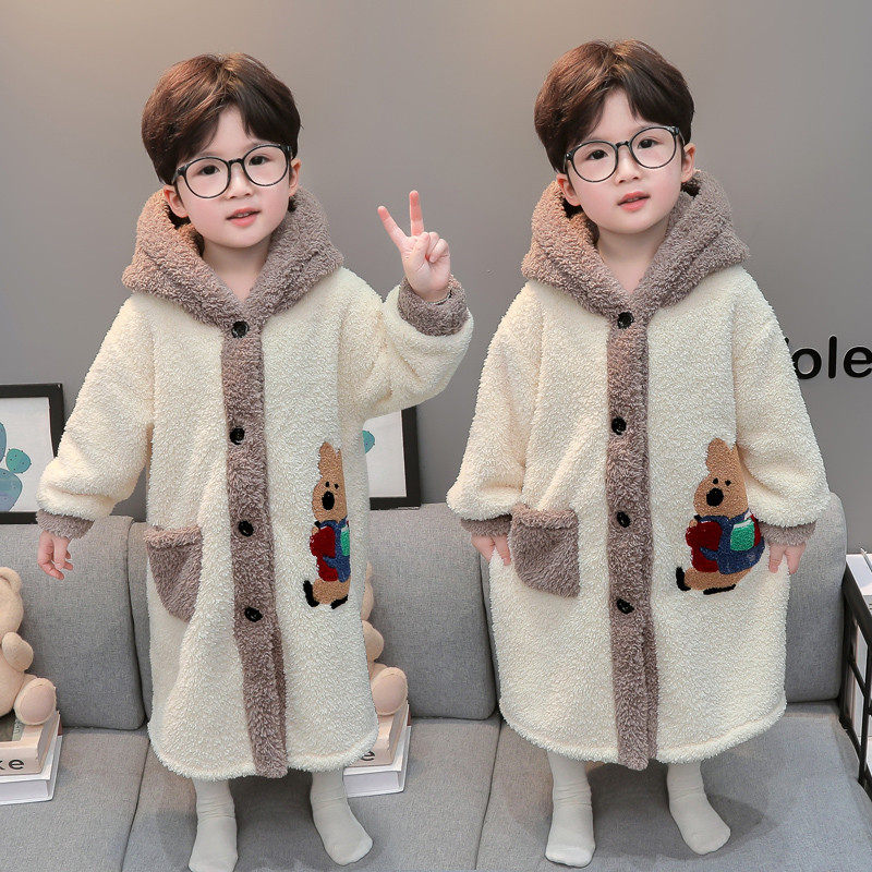 男童睡袍秋冬季珊瑚绒加厚男孩宝宝法兰绒连帽浴袍儿童睡衣家居服