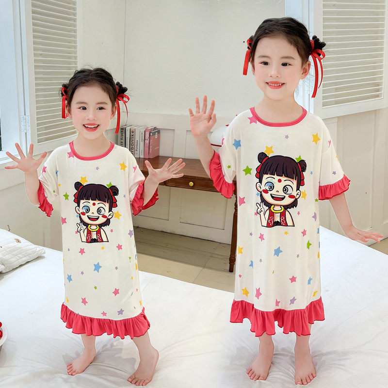 女童短袖睡裙夏季薄款卡通印花公主风荷叶边家居服睡衣