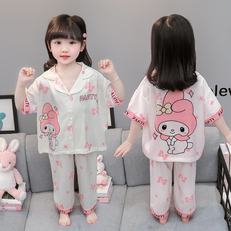 女童睡衣夏季冰丝薄款小女孩宝宝开衫可爱短袖儿童空调家居服套装