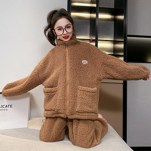 新款 2025冬女童立领开衫家居服套装保暖可外穿加厚睡衣两件套B类