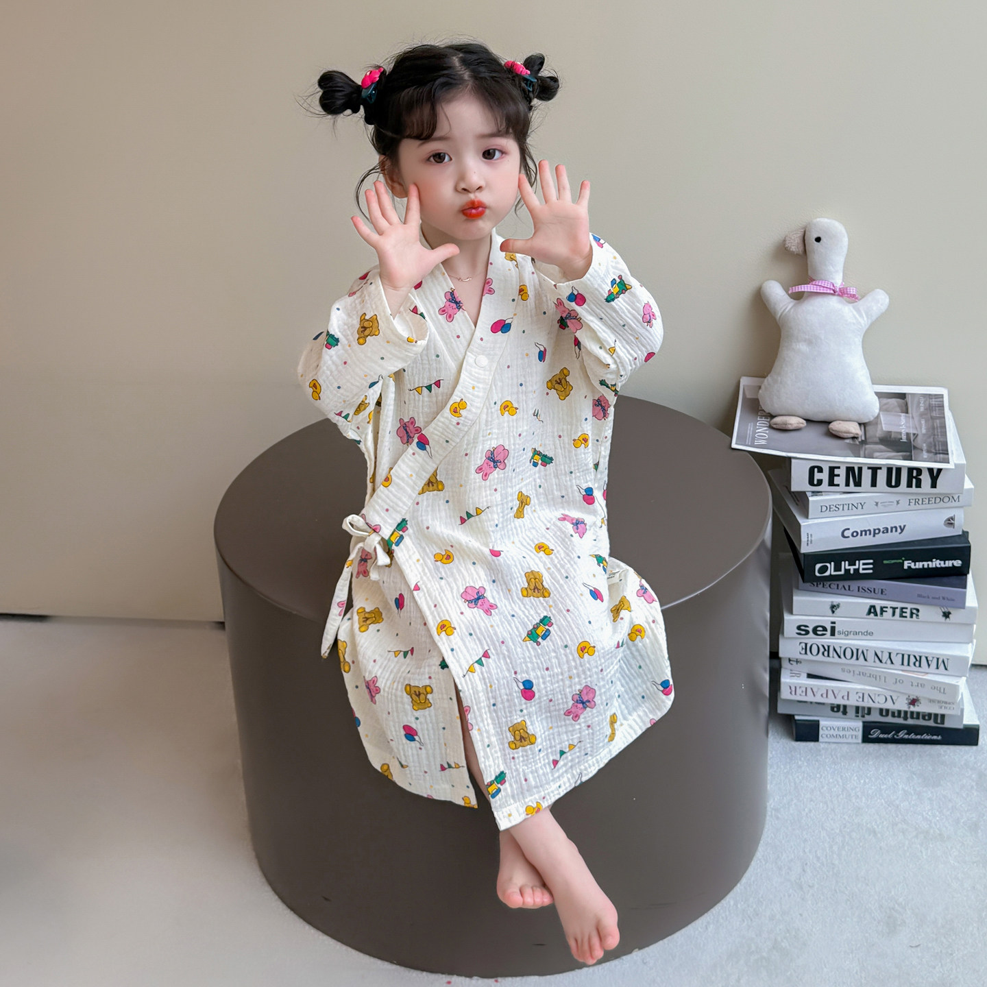 女童卡通印花睡袍春秋季长袖系带浴袍可爱儿童家居服套装