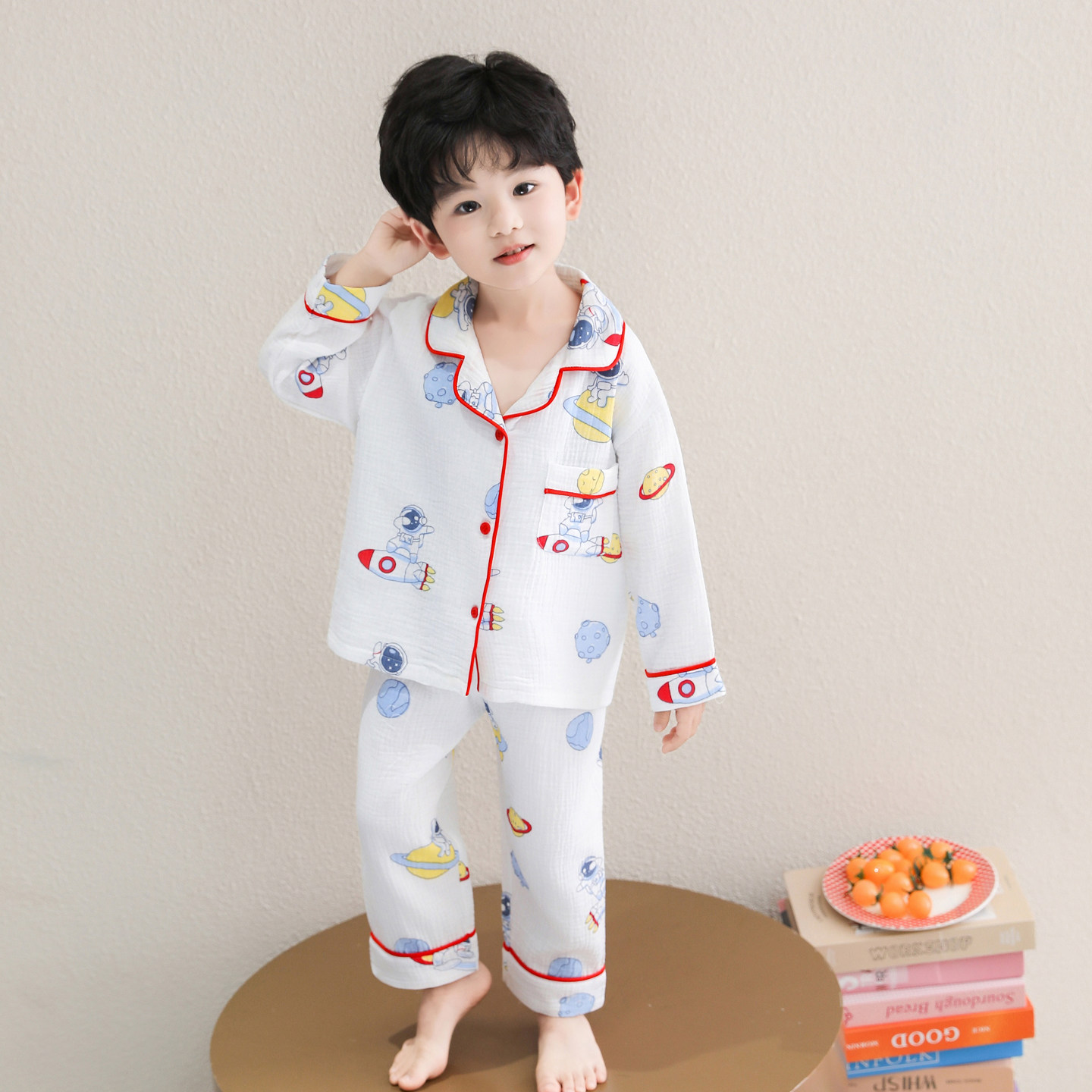 男童纯棉睡衣套装长袖开衫翻领卡通印花家居服春秋夏宽松