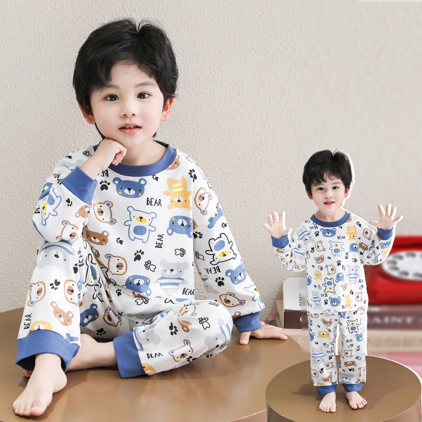 儿童卡通小熊家居服套装男童长袖睡衣春秋两件套