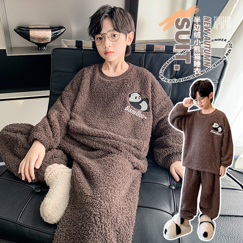 儿童睡衣男童秋冬季珊瑚绒加厚法兰绒男孩半边绒青少年大童家居服