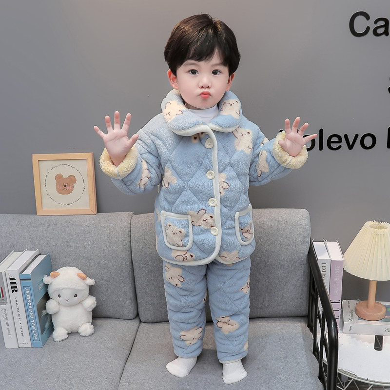 新款男童卡通可爱小熊三层夹棉珊瑚绒家居服套装冬季加厚保暖睡衣