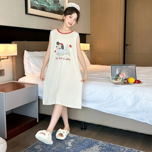 新款 儿童睡裙夏季莫代尔女童A类女孩卡通小狗无袖背心吊带家居裙
