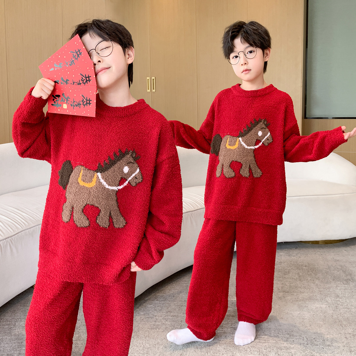 男童冬季半边绒家居服套装红色卡通可外穿保暖睡衣