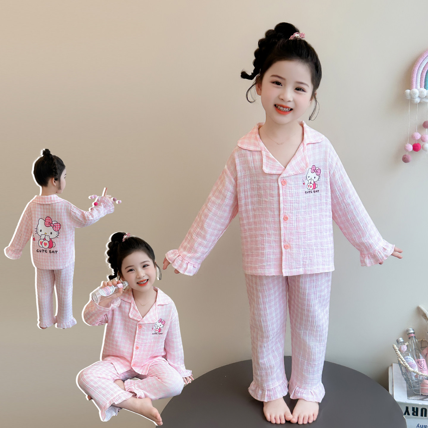 女童春秋长袖卡通睡衣套装