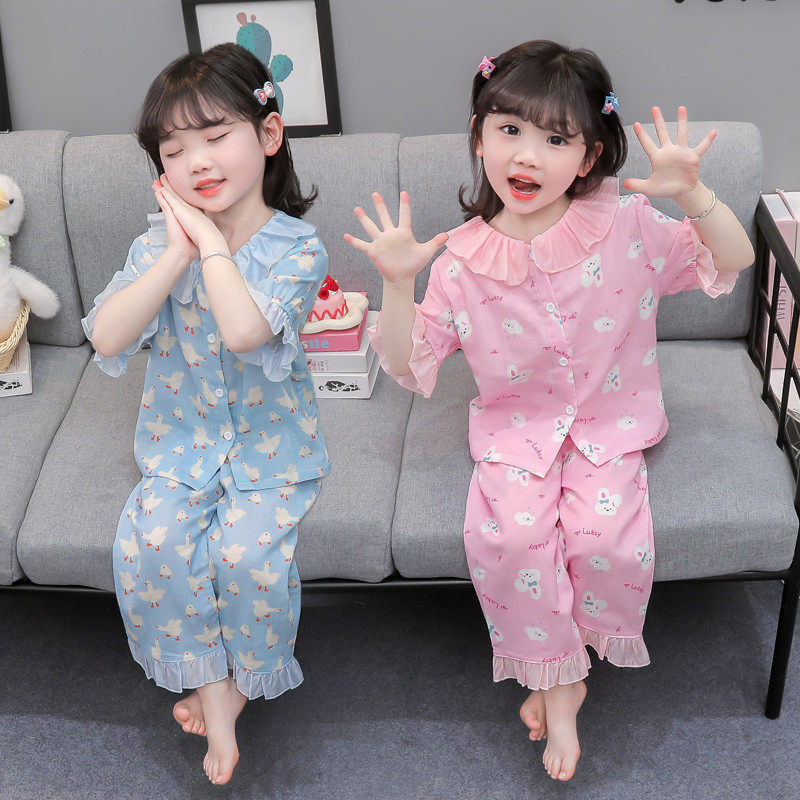 新款睡衣a类100纯棉女宝宝纱布空调服儿童套装夏女童家居服中小童
