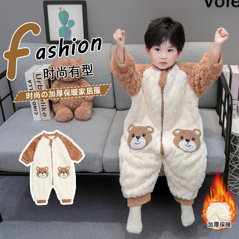 男童睡衣冬季珊瑚绒儿童秋冬法兰绒加绒宝宝冬款婴儿加厚连体睡衣