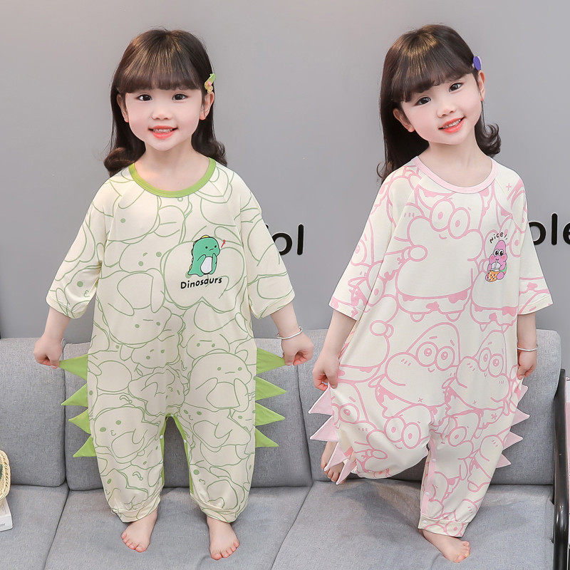 新款2025莫代尔儿童夏款满印恐龙短袖家居服女宝可爱小童睡袋女童
