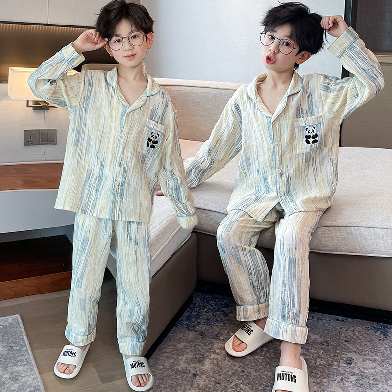 男童纯棉睡衣套装卡通熊猫开衫翻领长袖青少年家居服春秋