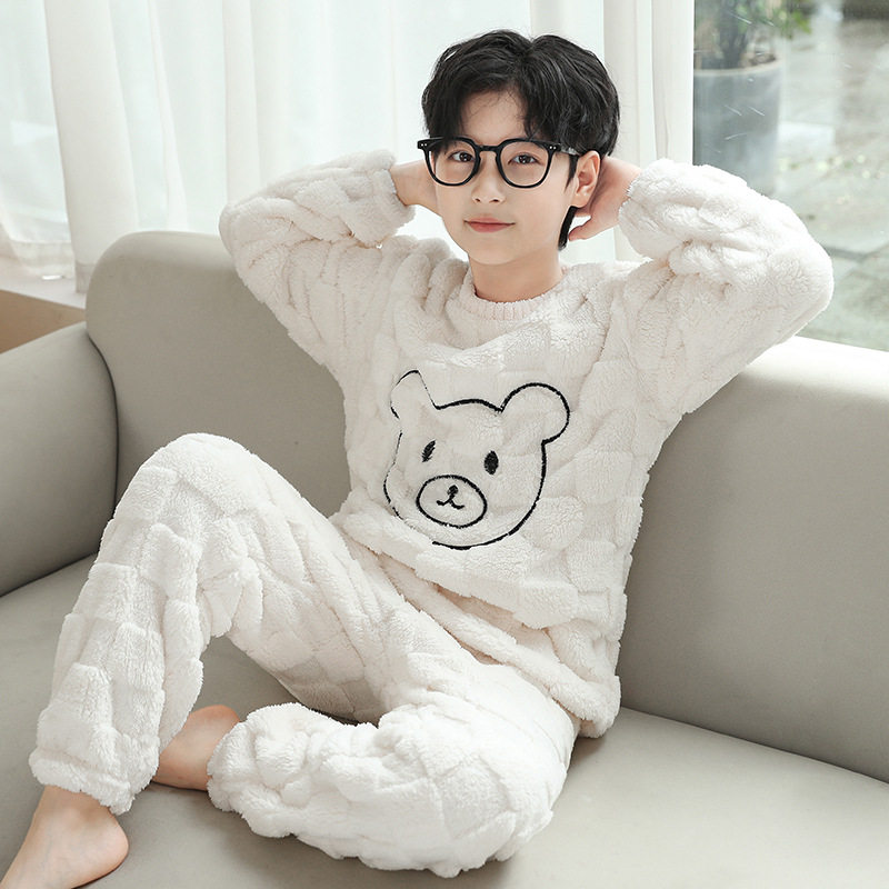 儿童睡衣男童珊瑚绒秋冬季加绒加厚大童男孩法兰绒家居服套头套装
