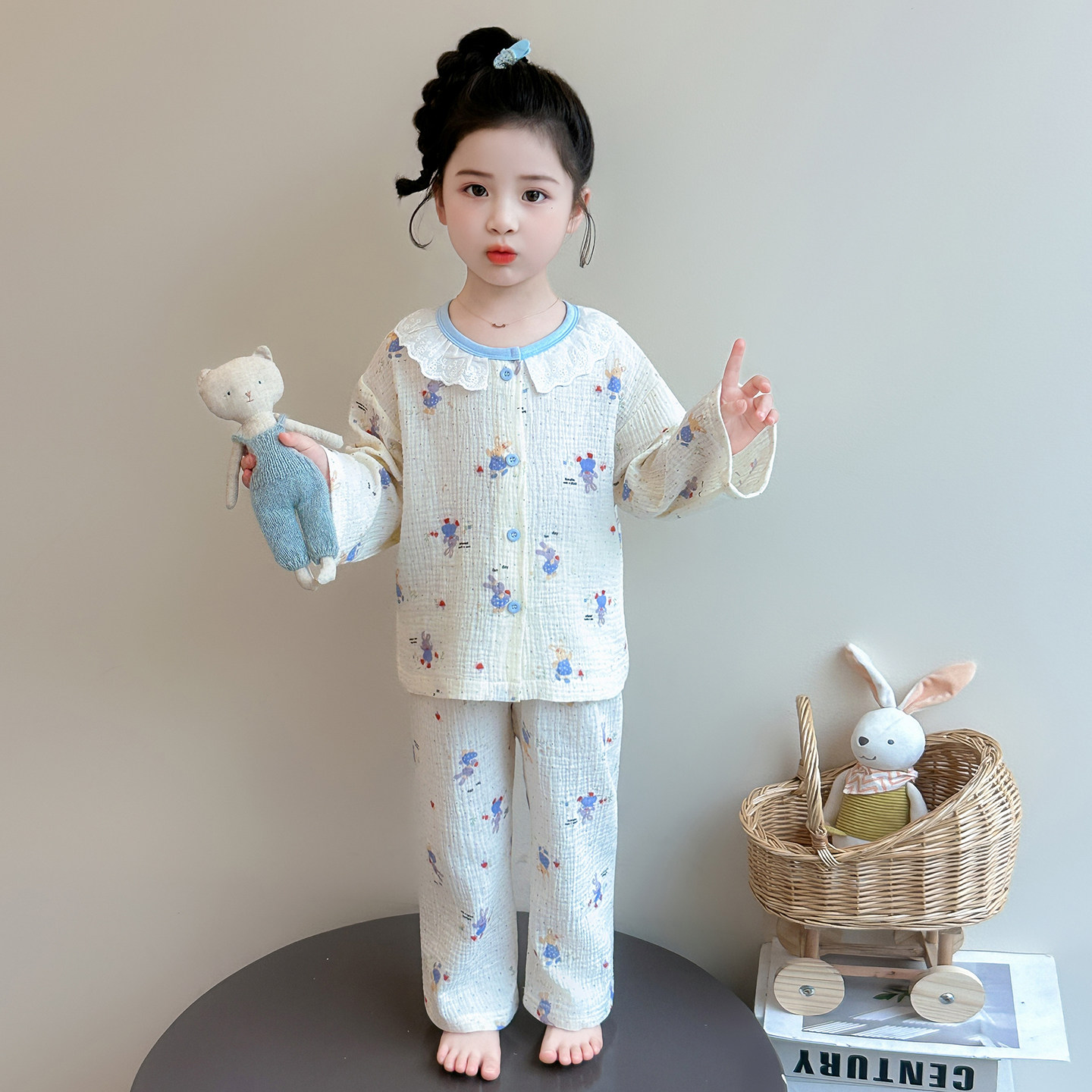 女童全棉纱布开衫家居服套装