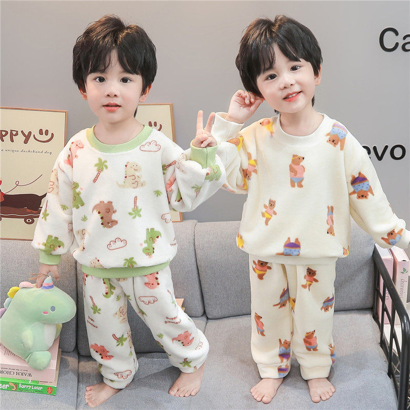 新款 儿童男童法兰绒小恐龙秋冬季宝宝加厚家居服可爱睡衣套装