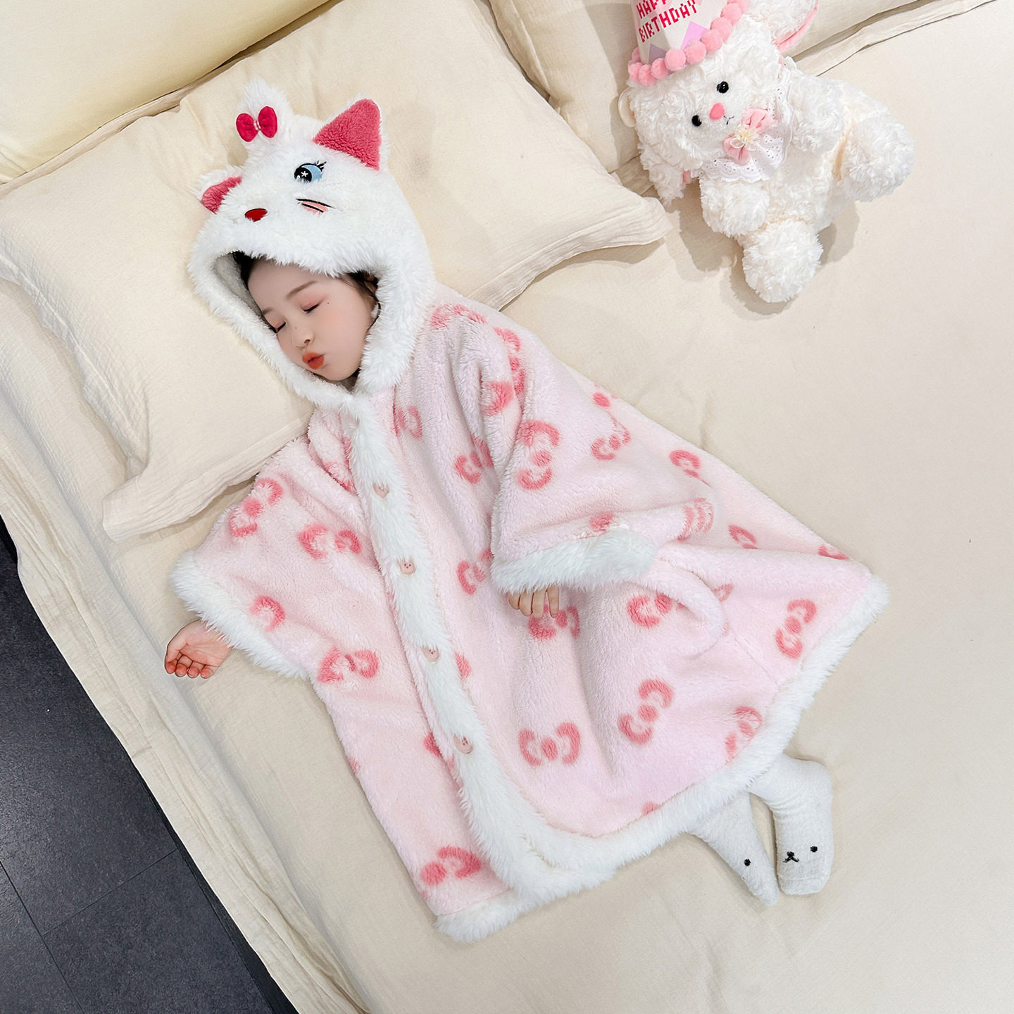 女童斗篷睡袍25秋冬季珊瑚绒甜美可外穿加绒加厚中长睡衣家居服