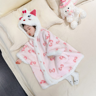 女童斗篷睡袍25秋冬季珊瑚绒甜美可外穿加绒加厚中长睡衣家居服