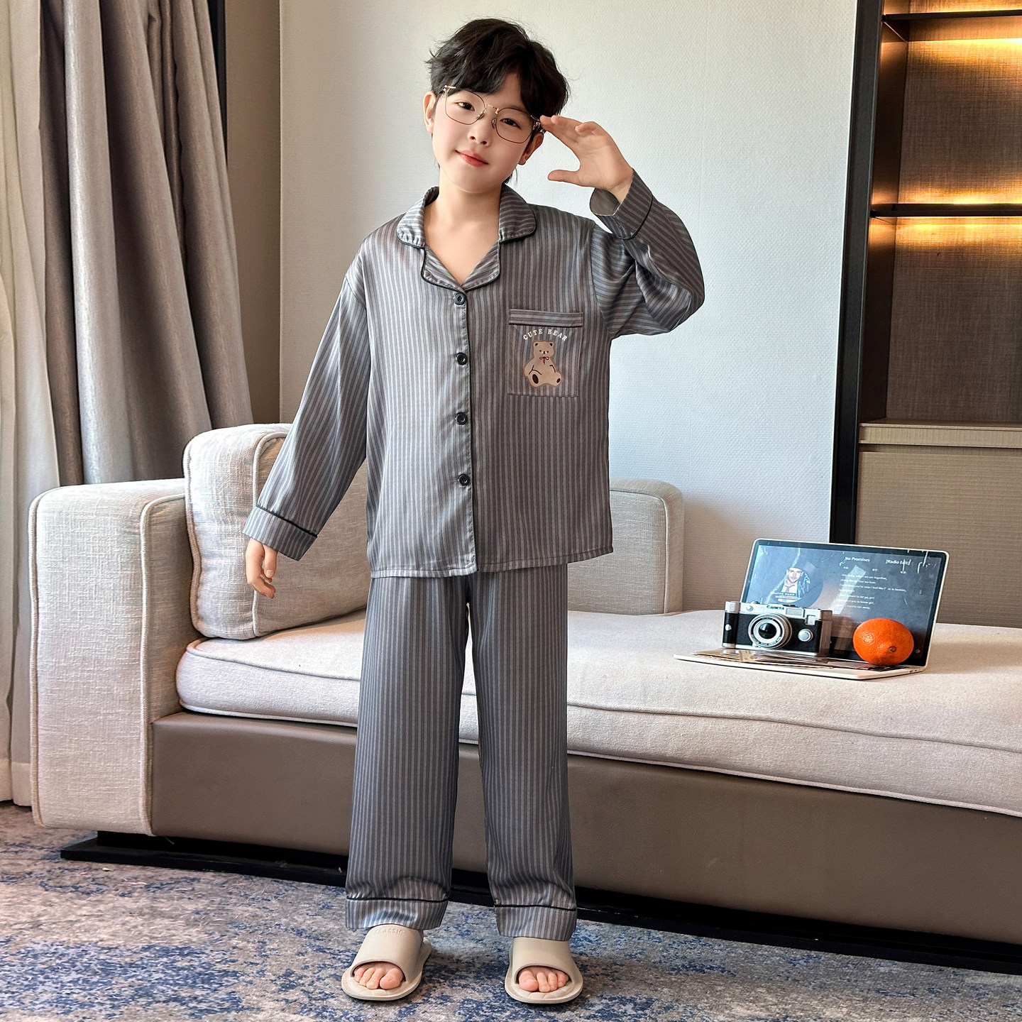 男童条纹开衫家居服套装2025新款小个子卡通睡衣两件套,童装/婴儿装/亲子装,家居服套装,淘宝优惠券,粉丝福利购,淘宝优惠卷