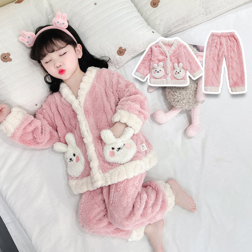 秋冬加厚女童珊瑚绒小兔睡衣套装