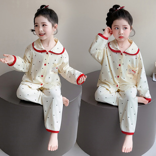 女童纯棉波点睡衣套装春秋长袖翻领开衫家居服甜美可爱风