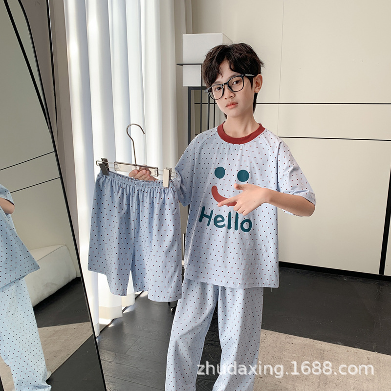 新款儿童睡衣纯棉短袖三件套夏季2025全棉家居服男童青少年夏天薄